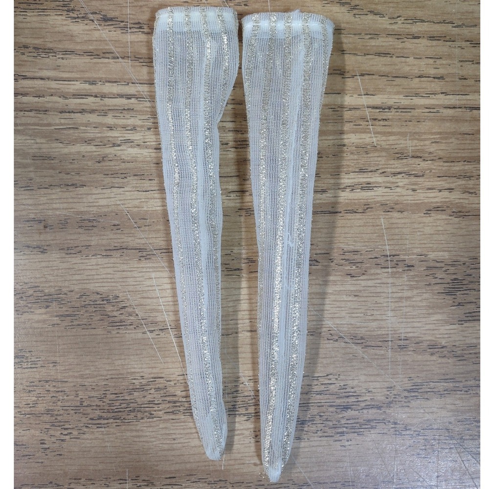 Rare Barbie White Sheer Mesh Gold Glitter Stripe Stockings for Fashion Dolls